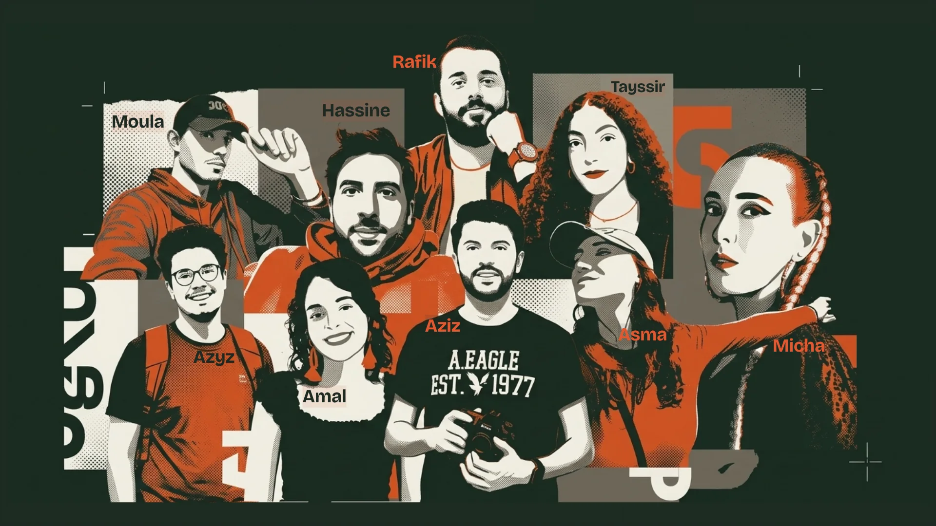 Illustration of the Auxesia team: nine portraits in the brand colours, each labelled with a first name.