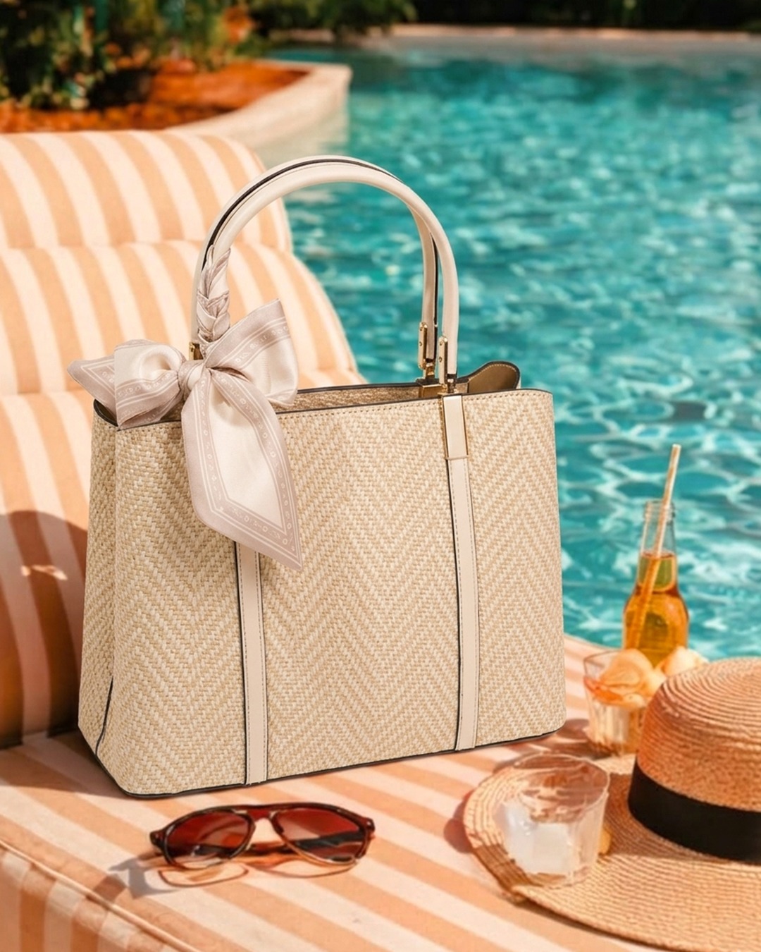 Sac à main en paille tressée avec foulard au bord d'une piscine